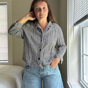 Vintage Black & White Gingham‎ Linen Blend Button Up Size S/M